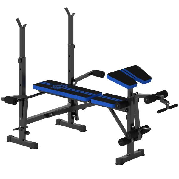 Banco de Musculação com Encosto Ajustável e Suporte para Barras Regulável para Treino em Casa Ginásio 175x139x127 cm Preto e Azul