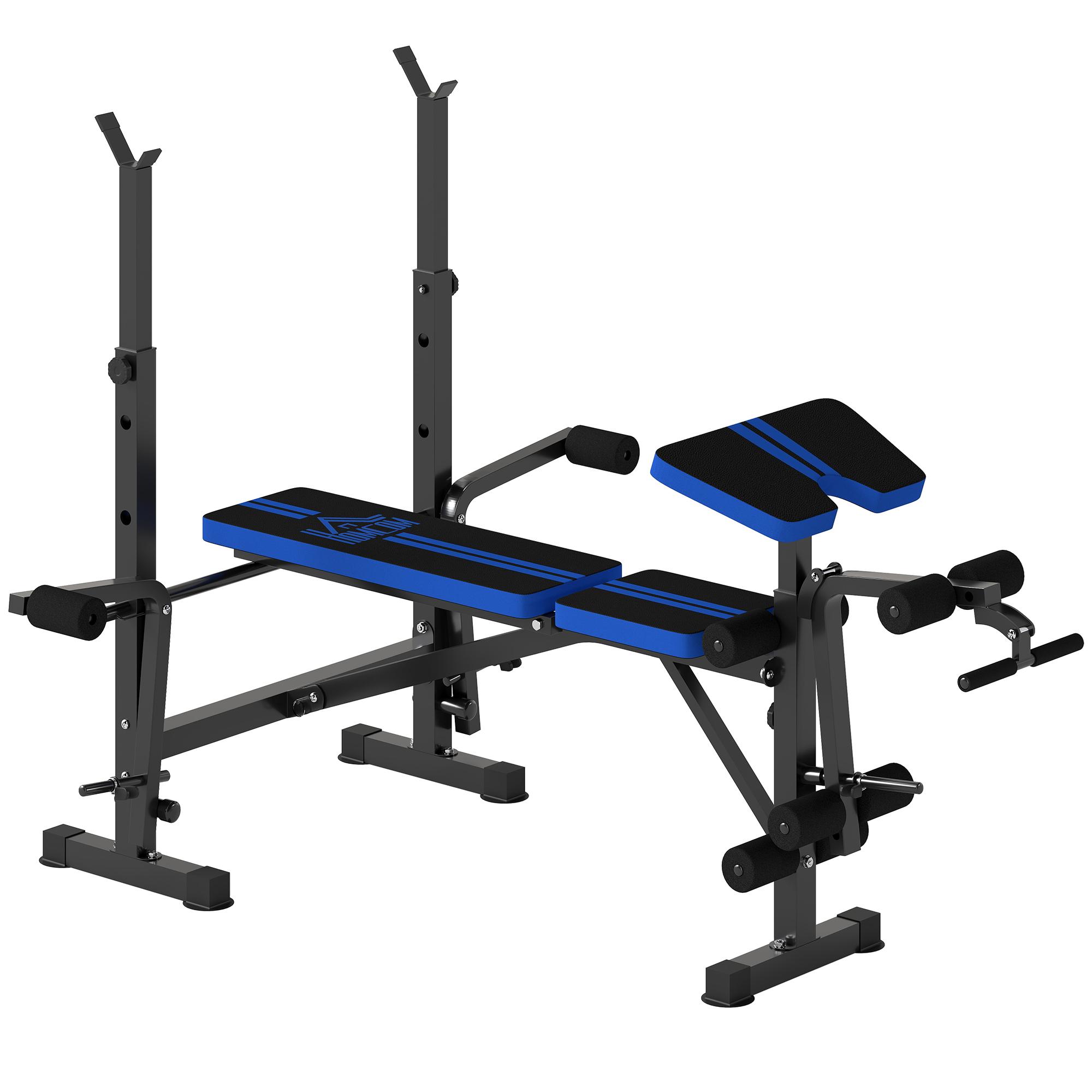 Banco de Musculação com Encosto Ajustável e Suporte para Barras Regulável para Treino em Casa Ginásio 175x139x127 cm Preto e Azul