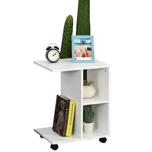 Mesa Auxiliar Moderna Mesa Auxiliar em Forma de C com Rodas e Prateleiras Abertas 45x35x58 cm Branca