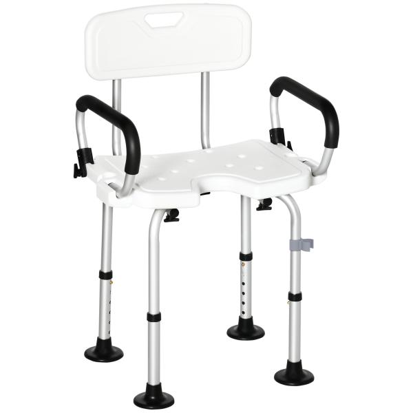 Cadeira para Duche Antiderrapante com Altura Ajustável de 6 Níveis e Apoio para os Braços Regulável 54x52x70 - 82cm Branco