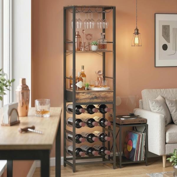 Móvel de Bar para Vinhos com Suporte de Copos e Gaveta Garrafeira para 12 Garrafas com Prateleira Aberta Castanho Rústico