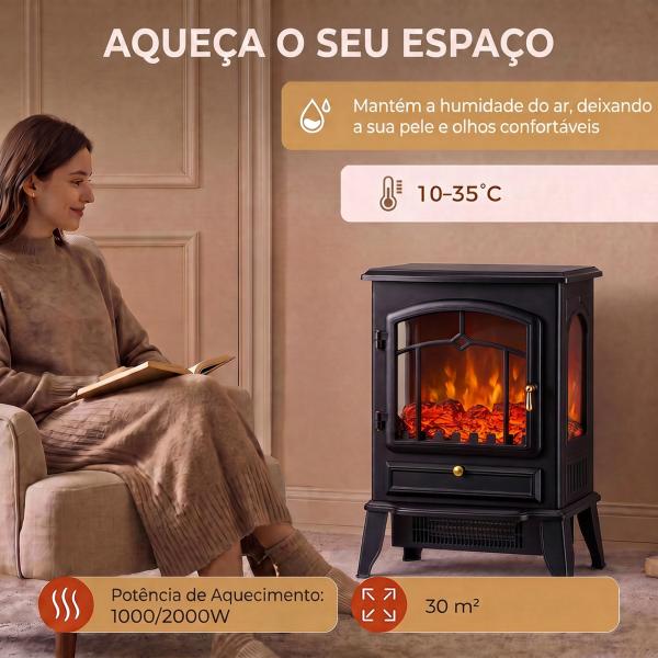 Lareira Elétrica com Efeito Chama 3D, 39x24x57 cm, Preta