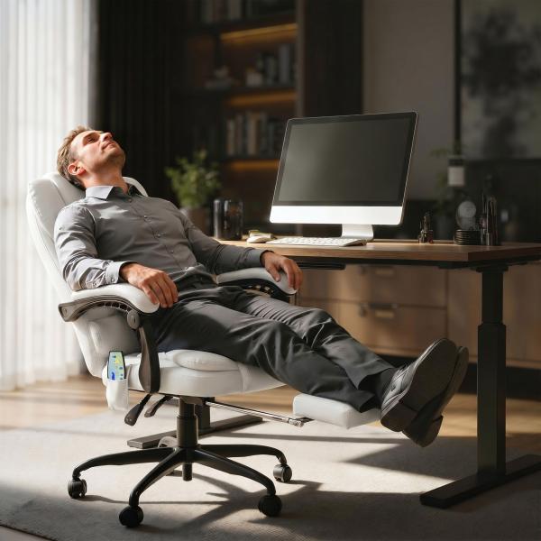 Cadeira de Escritório com 7 Pontos de Massagem com Apoio para os Pés Retrátil, Altura Ajustável, Comando Remoto e Tecido PU Branco