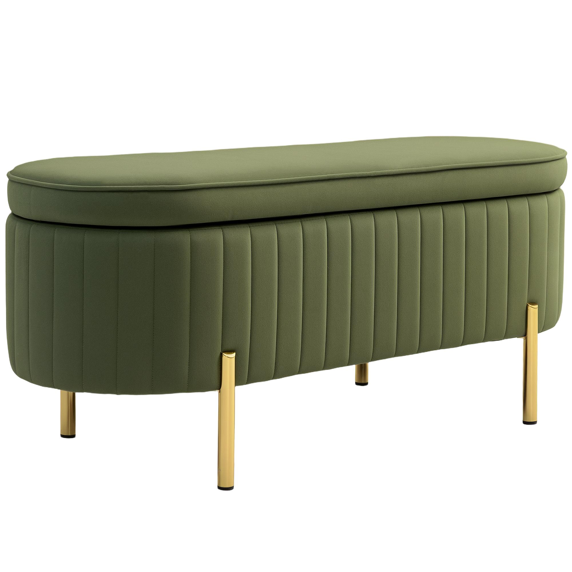 Banco de Cama com Arrumação em Veludo, Pés Dourados e Design Oval Elegante, 108x44x43,5 cm, Verde Escuro