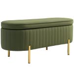 Banco de Cama com Arrumação em Veludo, Pés Dourados e Design Oval Elegante, 108x44x43,5 cm, Verde Escuro