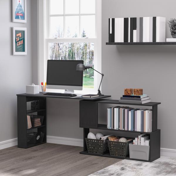 Mesa de Computador Secretária Mesa de Canto Giratória 360° com 5 Prateleiras 120x110x74,5 cm Preto