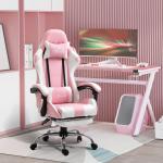 Cadeira de Gaming Reclinável Giratória com Apoio para a Cabeça Apoio para os Pés e Almofada Lombar 64x67x119 - 127 cm Rosa