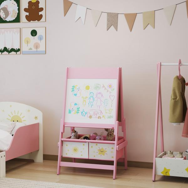 Cavalete de Pintura para Crianças 3 em 1 para Crianças acima de 3 Anos com Rolo de Papel e Cestos de Arrumação 54x46x94 cm Rosa