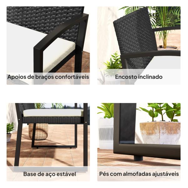 Banco de Jardim em Vime Sintético de 2 Lugares Banco de Exterior com Almofada 103x58x78 cm Preto e Bege