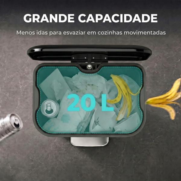 Caixote do Lixo para Cozinha 20 L em Aço Galvanizado com Tampa de Fecho Suave Pedal Balde Removível e Antiimpressões Digitais Preto
