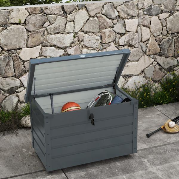 Baú de Exterior 295 L Baú de Armazenamento de Aço Galvanizado com 1 Fechadura para Jardim 100x62x65 cm Cinza Escuro