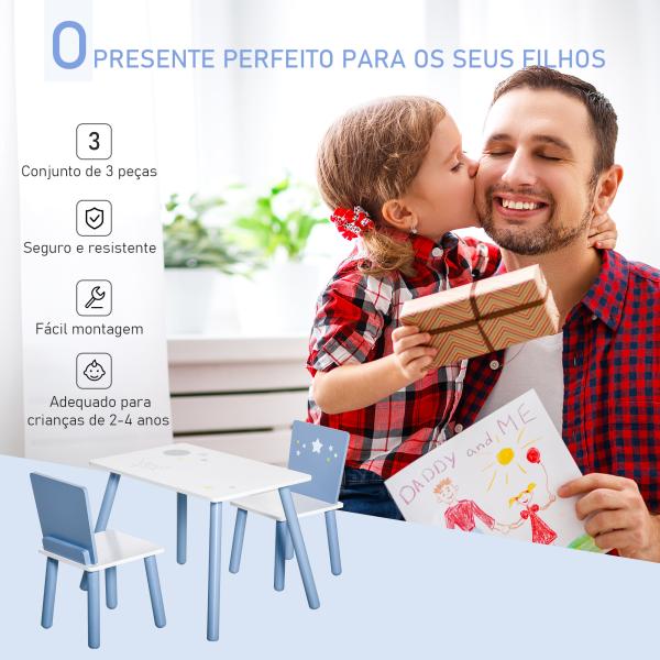 Conjunto de Mesa Infantil e 2 Cadeiras de Madeira Mesa com Cadeiras para Crianças de 2 - 4 Anos Branco e Azul