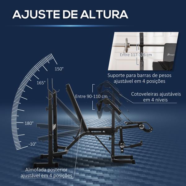 Banco de Musculação Multifuncional Banco de Pesos com Encosto Inclinável e Suporte de Barras com Altura Ajustável para Treinamento do Corpo Completo 187x140x117 - 136cm Preto