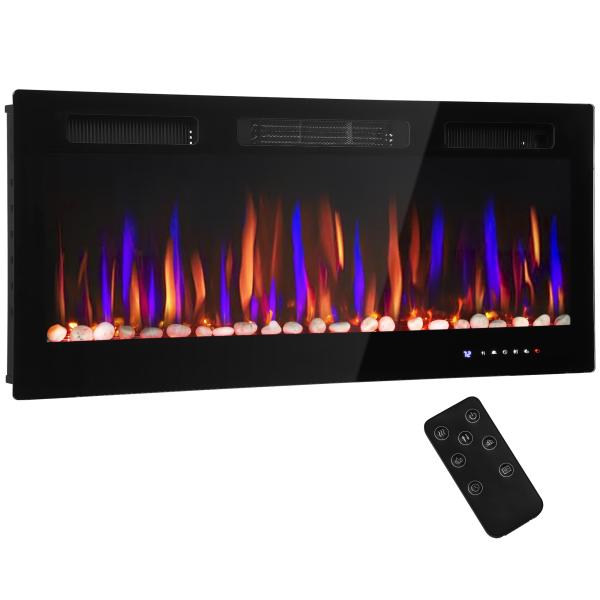 Lareira Elétrica Ultrafina de Parede e Embutir com Chama 3D Brilho/Velocidade Ajustável 12 Cores Pedras 900/1800W 106,7x9,4x47 cm Preto