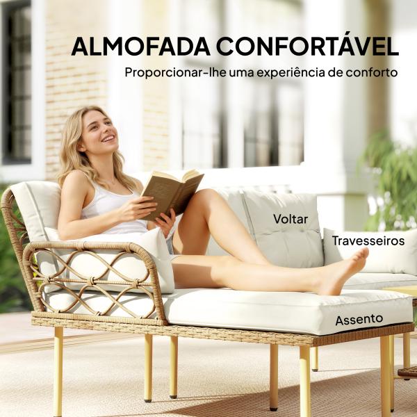 Conjunto de Jardim Exterior em Vime com 1 Sofá de Dois Lugares 1 Espreguiçadeira e 1 Mesa de Centro Madeira e Creme