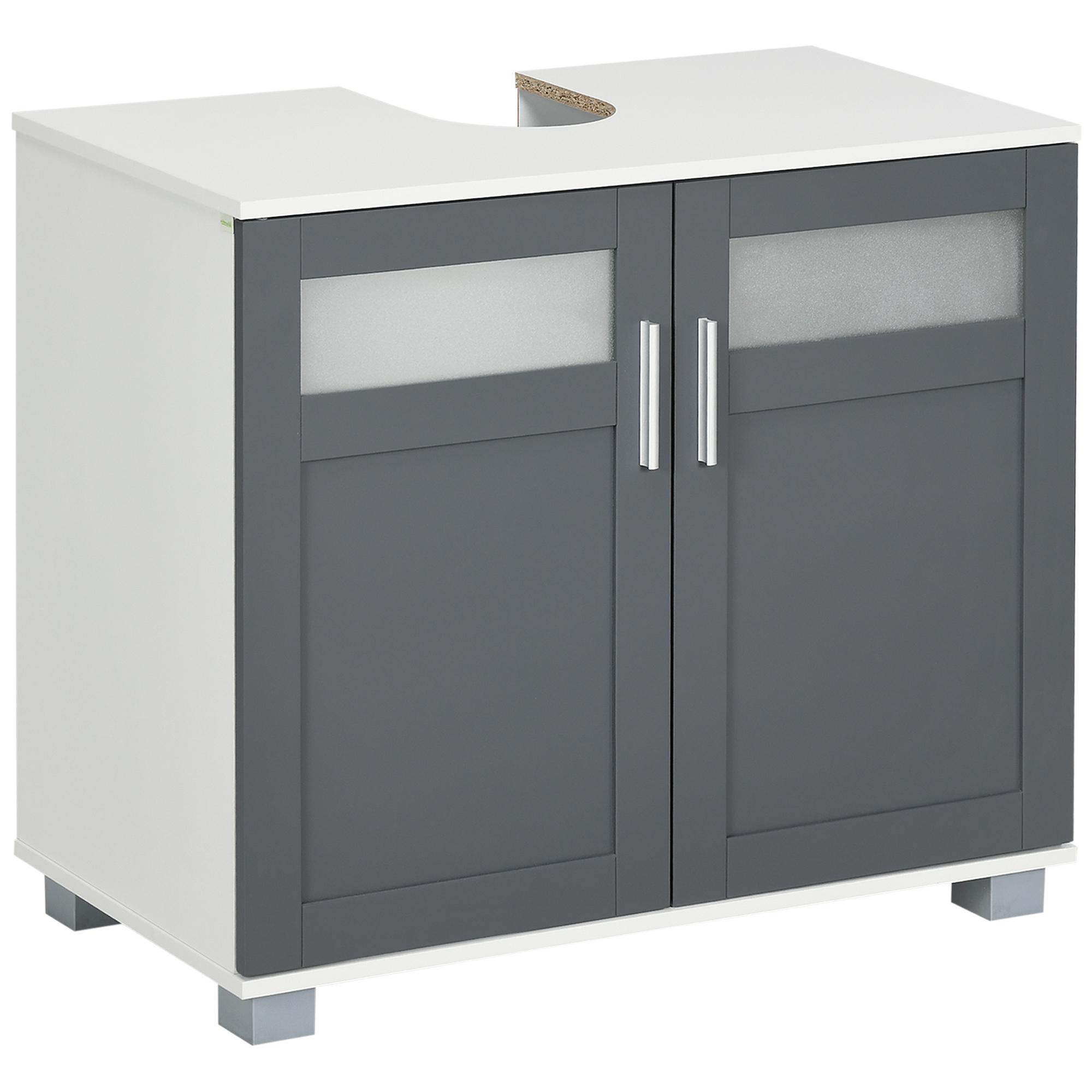 Móvel para Lavatório Pousar com 2 Portas com Vidro Temperado e Prateleira Ajustável 69x35x59 cm Branco e Cinza