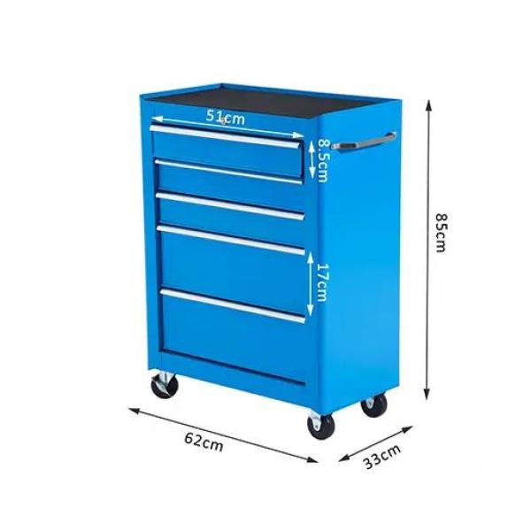 Carrinho de Ferramentas para Oficina com Rodas e 5 Gavetas Fechadura e Alça Lateral 61,5x33x85 cm Azul