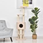 Arranhador para Gatos Altura 148 cm Arranhador para Gatos com Postes de Sisal 3 Plataformas Casa e Bola Suspensa Bege