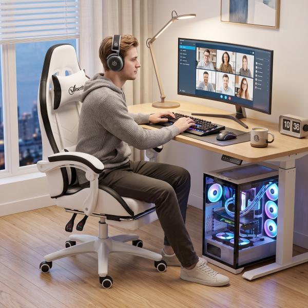 Cadeira Gaming de Couro PU com Altura Ajustável Reclinável 135° e Apoio para os Pés Retrátil 65x65x121 - 129 cm Branco e Preto