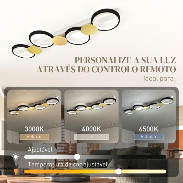Candeeiro de Teto Regulável com 4 Focos Controlo Remoto Modos de Cena 1500 lm 38 W 3000 K - 6500 K 100x31x7 cm Preto e Dourado