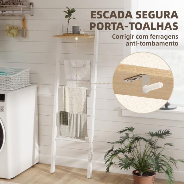 Toalheiro de Escada com Prateleira Superior e 4 Barras Suporte de Toalhas para Encostar na Parede 43x20x151 cm Branco e Carvalho