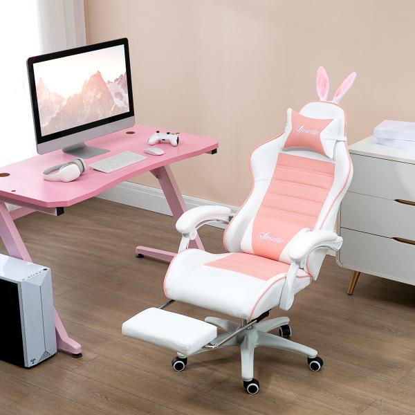 Cadeira Gaming Giratória de Couro PU com Altura Ajustável Inclinável 135° Apoio para a Cabeça 65x63x136 - 142 cm Rosa e Preto