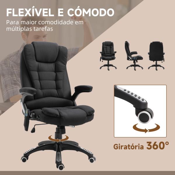 Cadeira para Secretaria c/ 6 Pontos de Massagem Reclinável até 130° com Aquecimento Preto