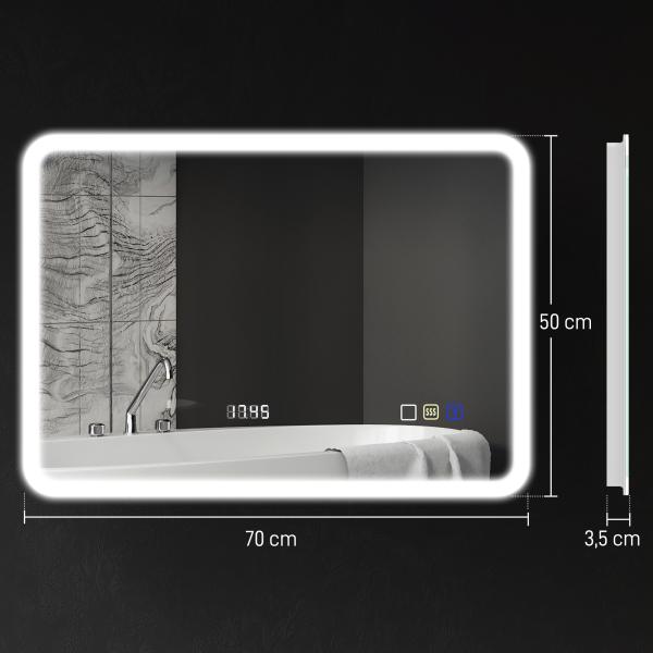 Espelho de Casa de Banho com Luz LED 70x50 cm Bluetooth 3 Cores de Luz Relógio Digital Função Antiembaciamento Função de Memória Prata
