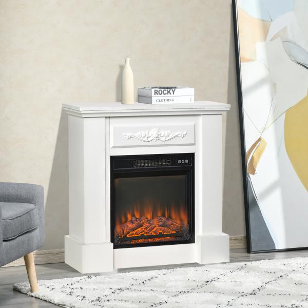 Lareira Elétrica 1800W com Efeito de Chama Realista Controlo Remoto Temporizador para Ambientes até 30 m² 80,7x22,5x76,5 cm Branco
