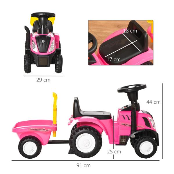 Trator para Crianças de 12 - 36 Meses com Reboque Removível Carro Andador com Buzina Farol Pá e Ancinho Carga 25kg 91x29x44cm Rosa