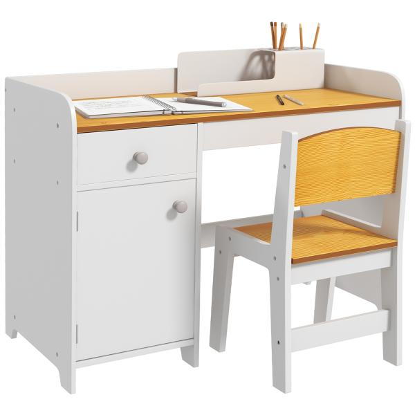 Conjunto de Secretária e Cadeira para Crianças Conjunto Infantil de 2 Peças com Gaveta e Armário para Quarto Branco e Natural