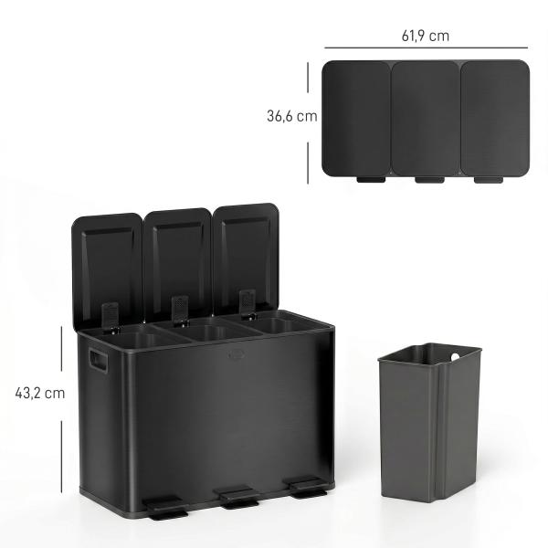 Papelera de Cozinha em Aço Inoxidável com 3 Compartimentos 3x15L com Pedais, Tampas de Fecho Suave e Balde Removível Preto