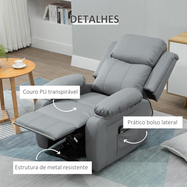 Poltrona Relax Levanta Pessoas com Controle Remoto Reclinação Elétrica de 160° Apoio para os Pés Encosto Estofado em PU e Bolsos Laterais 76x90x105 cm Cinza