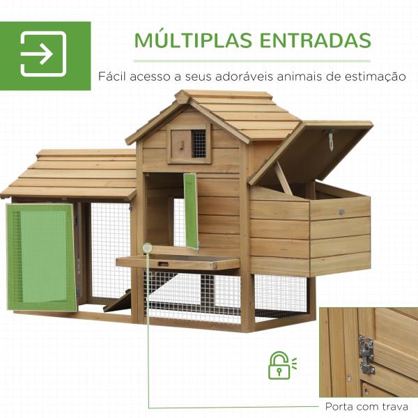 Galinheiro de Madeira de Abeto para Exterior Gaiola para 2 - 3 Galinhas com Cercado de Arame Teto Abatível Caixa Ninho Bandeja Removível e Rampa 150,5x54x87 cm Natural