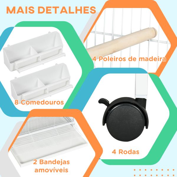 Gaiola para Pássaros 2 em 1 com 2 Andares Rodas 4 Comedouros 4 Poleiros e Bandejas Amovíveis 78x75x168 cm Branco