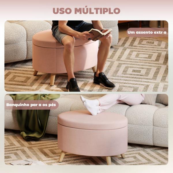Puff Estofado em Veludo Acolchoado Banco de Armazenamento com Tampa Removível e Pés de Madeira 71x51,5x42 cm Rosa
