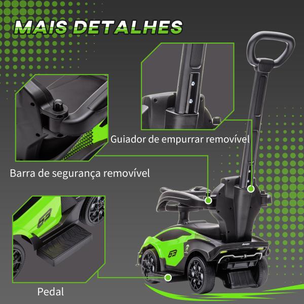 2 em 1 Carro Andador para Crianças 12 - 36 Meses Lamborghini Essenza SCV2 Carro Andador com Buzina Guiador e Grade de Segurança Removível 86,5x40x89,5cm Verde e Preto