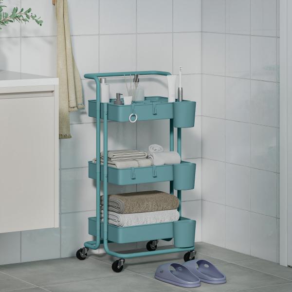 Carrinho de Cozinha Carrinho de Armazenamento com 4 Ganchos 3 Cestas Removíveis 3 Caixas Suspensas 42x38x86,5cm Preto