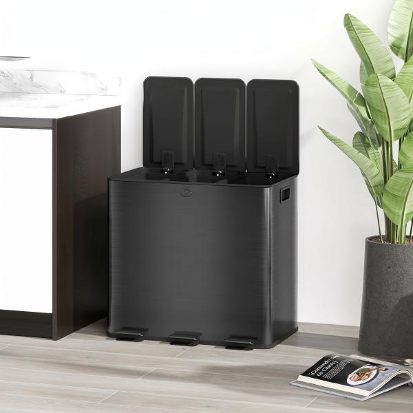 Papelera de Cozinha em Aço Inoxidável com 3 Compartimentos 3x15L com Pedais, Tampas de Fecho Suave e Balde Removível Preto