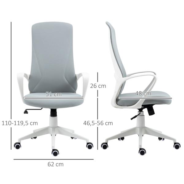 Cadeira de Escritório Ergonómica com Altura Ajustável Função de Inclinação e Encosto Alto 62x56x110 - 119,5 cm Cinza