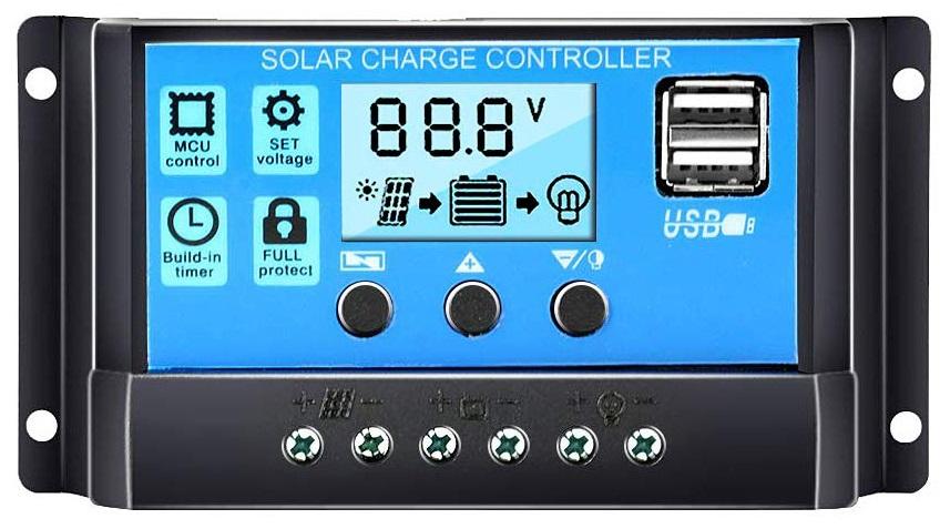 Controlador de Carga LCD 12/24V 20Ah USB PWM p/ Painel Fotovoltaico