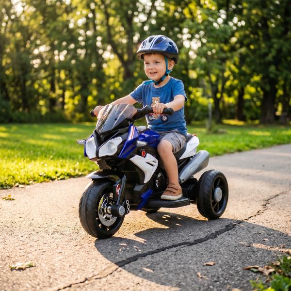 Moto Elétrica Infantil 6V com 3 Rodas Música Buzina e Faróis para Passeio de Crianças Azul 86x42x52 cm