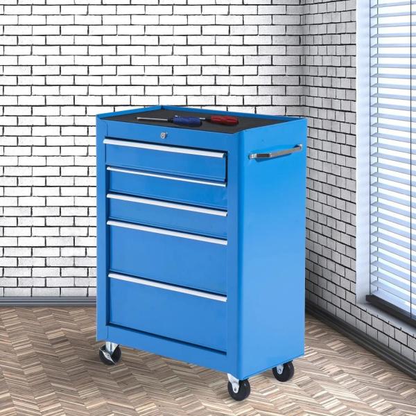 Carrinho de Ferramentas para Oficina com Rodas e 5 Gavetas Fechadura e Alça Lateral 61,5x33x85 cm Azul
