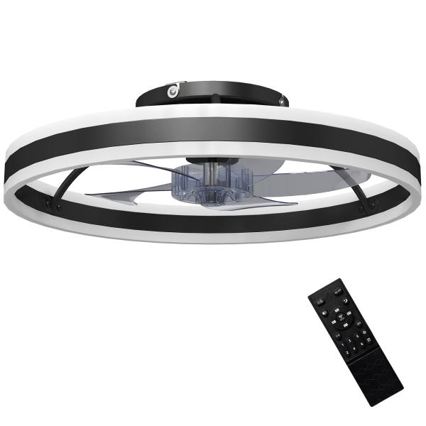 Ventoinha de Teto com Luz LED 6 Velocidades Motor Reversível e Comando Remoto Potência 45W Ø50x13,5 cm Preto
