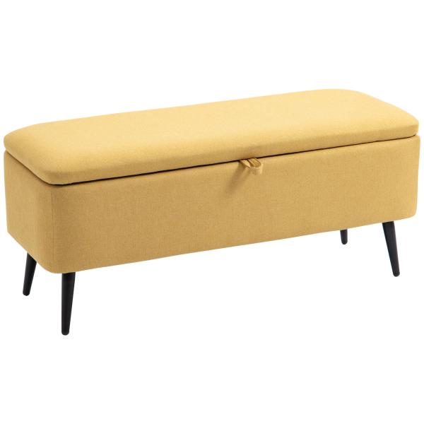 Banco de Armazenamento Estofado em Linho com Tampa Abatível e Pés de Aço Carga Máxima 150kg 101x38,5x44,5 cm Amarelo