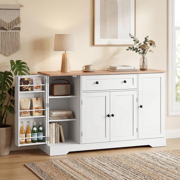 Aparador de Cozinha com Gaveta, Prateleiras nas Portas Prateleiras Ajustáveis Bar de Café 138x40x83,5 cm Branco