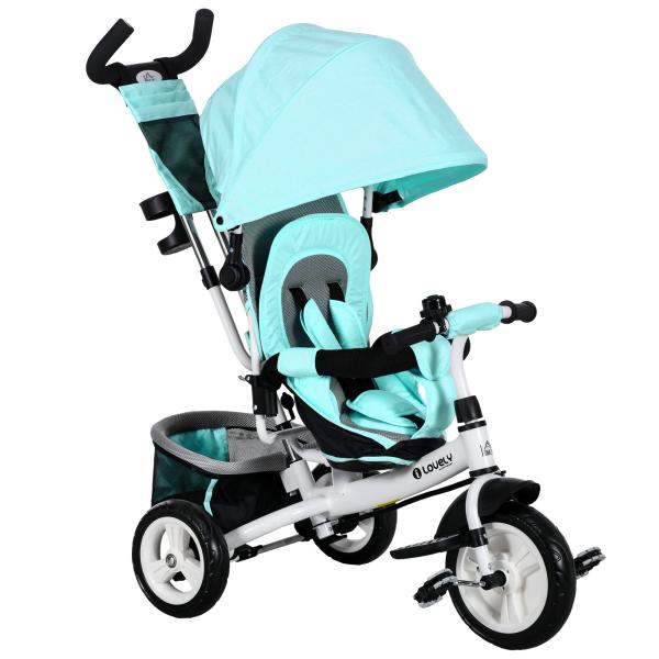 Triciclo para Bebés 2 em 1 de +12 Meses com Capota Dobrável Guiador Telescópico e Removível Bolsa e Porta - Garrafas Verde Água