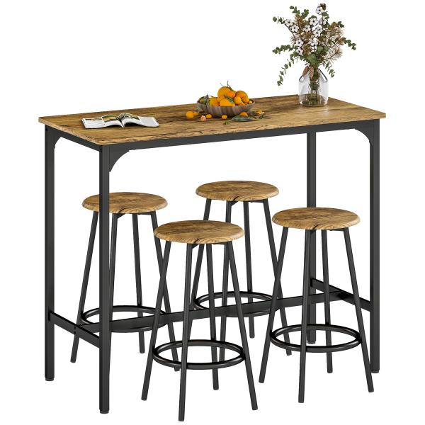 Conjunto de Móveis Altos de Bar com 5 Peças Mesa de Refeição Industrial e 4 Bancos Redondos Marrom Rústico e Preto