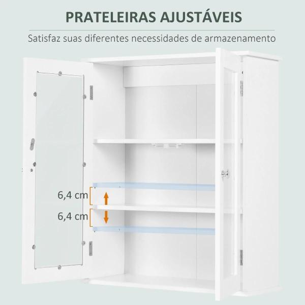 Armário Casa de Banho de Parede com 2 Portas de Cristal Armário Suspenso com Prateleiras Ajustáveis em Altura Multiuso para Cozinhas Sala de Estar 55x20x65cm Branco