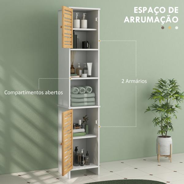 Coluna Casa de Banho Móvel Auxiliar Casa de Banho com Prateleiras Ajustáveis e Portas de Bambu 35x30x170 cm Branco e Madeira